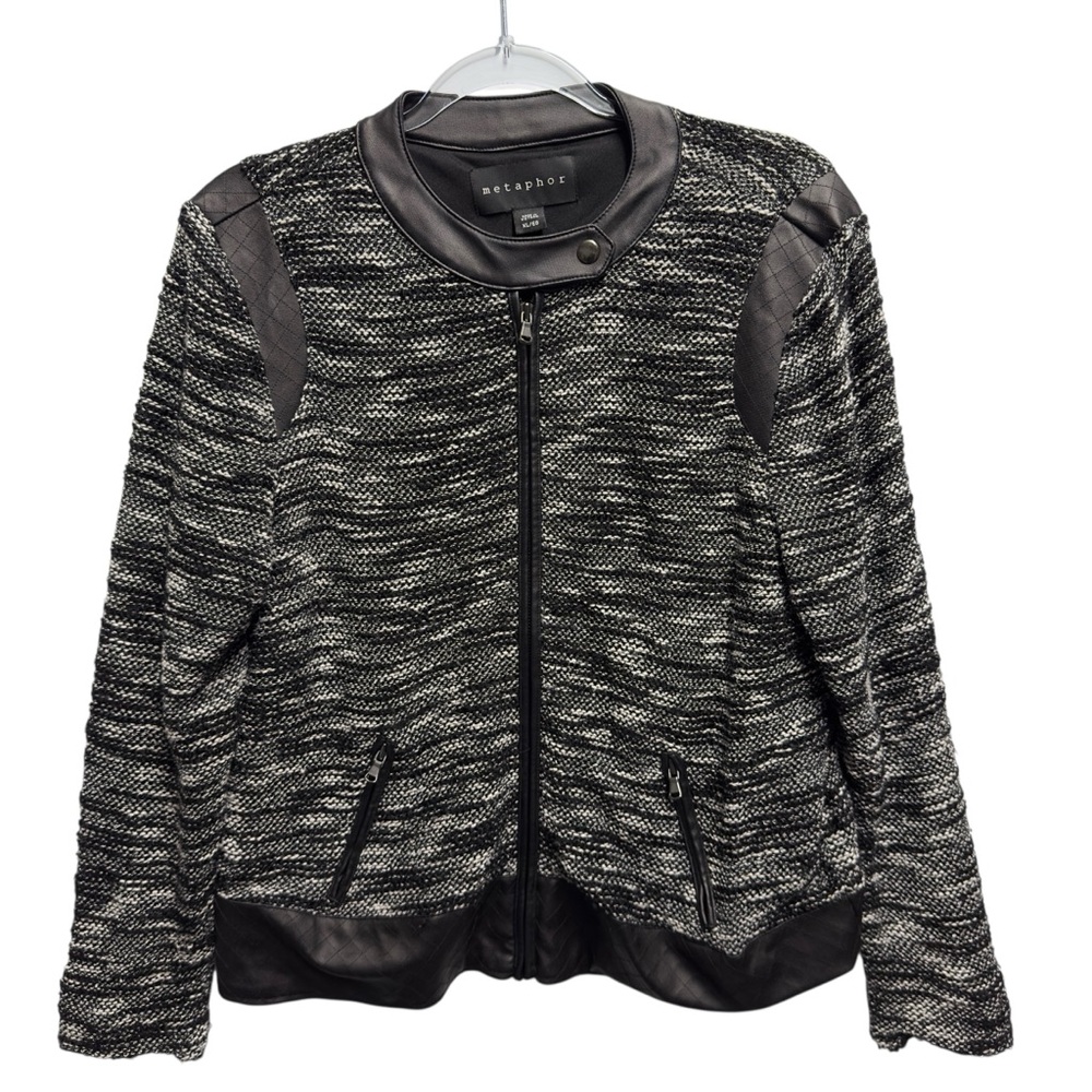 Metaphor Vegan Leather Boucle Tweed  Knit Moto Jacket Coat